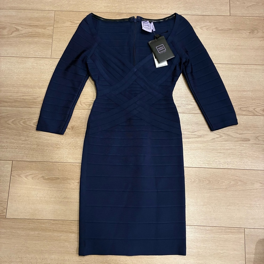 NWT Herve Leger Alicia V-neck Bandage Dress Classic Blue Navy Sweetheart Size S